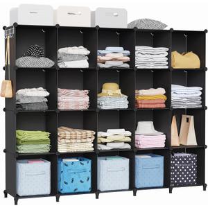 HOMIDEC 20-Cube Black Storage Organizer, Modular Shelf With Hammer, Storage Bin Cabinet Closet Bookshelf for Living Room, Bedroom, Office, Each Cube Size 11.8 x 11.8 Inch
