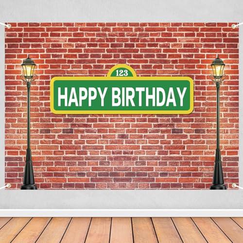 Celchvens 7x5ft Happy Birthday Street Sign Backdrop, 123 Green Sign Brick Wall and Lamp Posts Party Banner, Urban City Theme Birthday Party Photo Booth Background Decoration for Kids & Adults