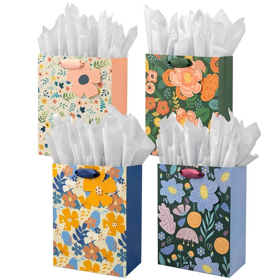 cofullsky Floral Gift Bags with Tissue Paper, 4 Count, Medium, Multicolor, Floral Pattern, Ideal for Valentine's Day, Baby Shower, Birthday, Pack of 3