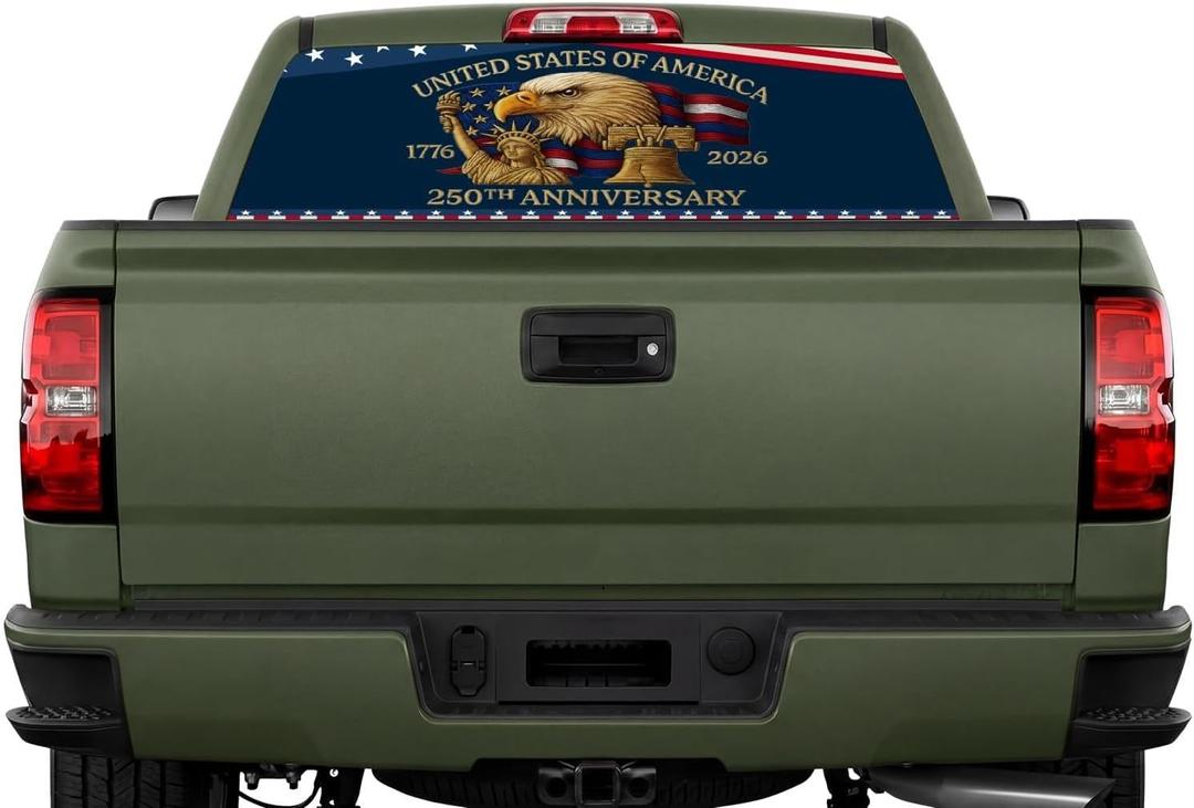 250th Anniversary Rear Window Decals for Trucks, 65 x 22 Inch 1776-2026 American Anniversary Us Flag Eagle Back Window Decals Patriotic USA Vinyl Truck Back Sticker Graphics for Car