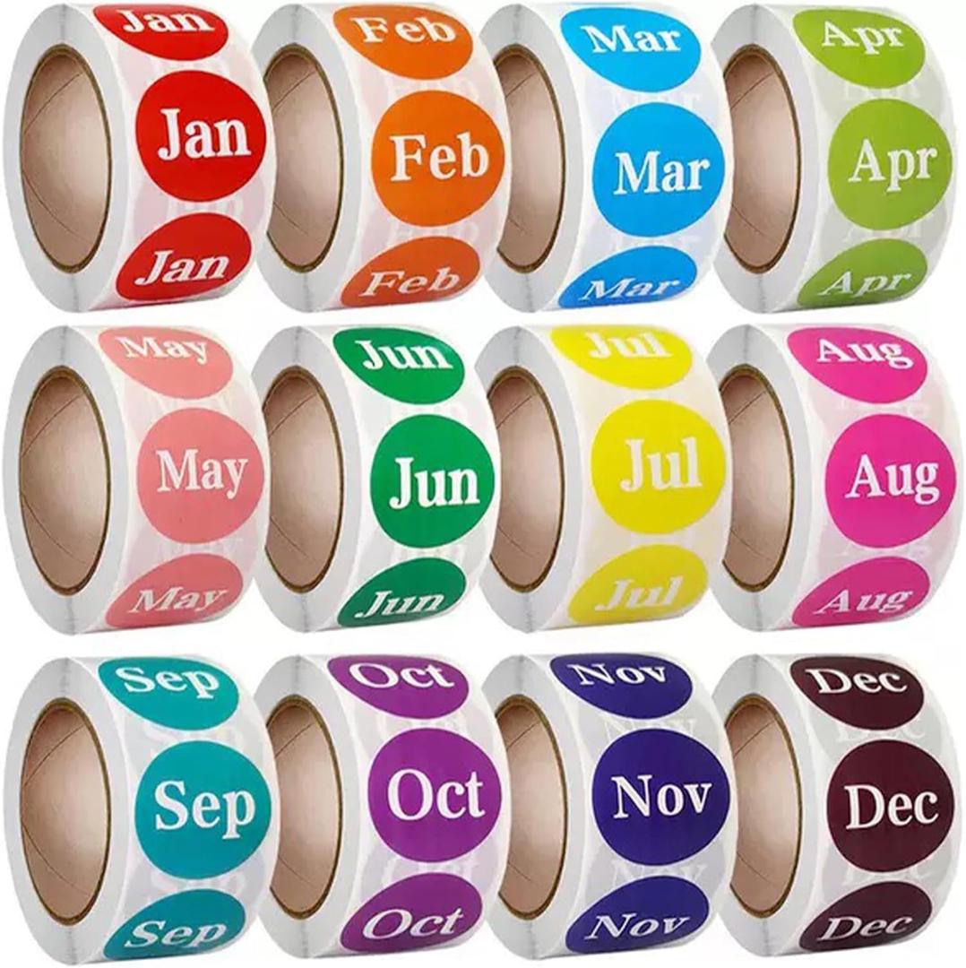 12 Rolls 6000 Labels Monthly Round Label Stickers,1 Inch Strong Adhesive, Fade-Resistant Month Stickers for Organization, Storage