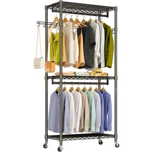 Heavy Duty Rolling Garment Rack, 3 Tiers Wire Shelves Adjustable Freestanding Portable Rolling Clothing Rack with Lockable Wheels, 35.4''L x 15.8''W x 78.8''H, Max Load 420LBS