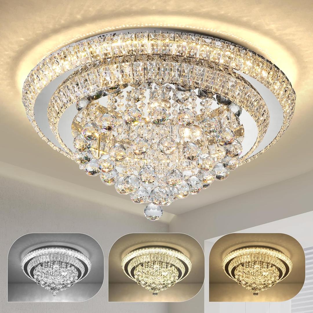 COCOSTAR 24" Crystal Chandeliers, Flush Mount Chandelier LED Ceiling Light, Modern Crystal Raindrop Chandeliers for Dining Room, Living Room, Bedroom (Silver)