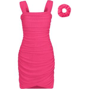 EXARUS Girls Dance Dress with Built in Bra Teen Ruched Bodycon Mesh Front Wrap Hem Tween Easter Party Tight Mini Dresses (10 Years, Rose)