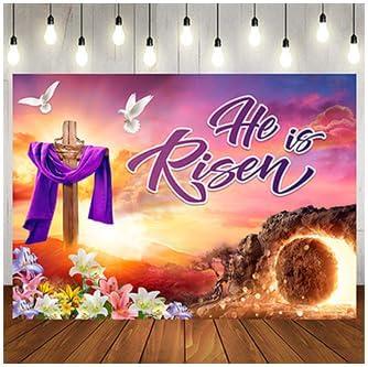LTLYH 8x6ft Easter Day Decorations - He is Risen Backdrop & Banners for Church - Large Fabric Easter Cross Religious Background for Spring Party Decorations