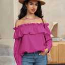 Prettywear Women's Sexy Off Shoulder Tops Long Sleeve Ruffle Blouse Flowy Going Out Shirt Oversized (Medium)