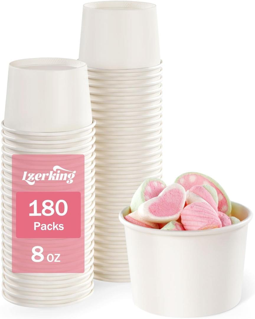 Lzerking 180 Count Ice Cream Cups Disposable 8 oz, Small White Dessert Bowls for Sundaes, Snacks, Popcorn, Soup & Parties