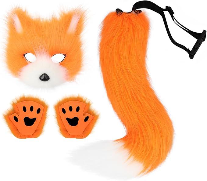 Adolala Faux Fur Fox Tail Cat Wolf Set Plush Mask Fluffy Paw Gloves Halloween Christmas Party for Women