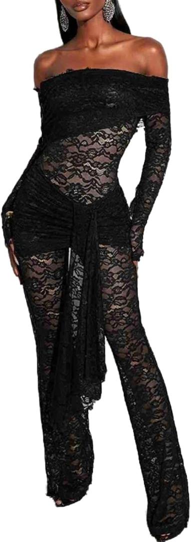 Mandonce Sexy Dresses for Women One Piece Long Sleeve Jumpsuit Lace See Through One Shoulder Floral Strappy Waist Romper Sexy (Large, Black)