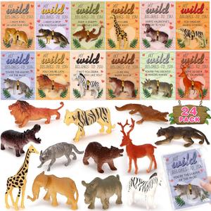 Valentines Day Cards for Kids School, 24 Pack Valentines Day Cards with Wild Animals Figures Toys, Valentines Day Exchange Gifts for Kids, Ideal Classroom Prize & Party Favors Supply
