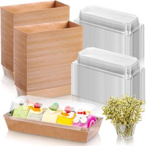 Sunnyray 200 Paper Charcuterie Sandwich Box with Clear Lids and Cocktail Picks Set 100 Pcs 7.5'' Disposable Food Container 100 Skewers for Strawberries Chocolate Covered Cookies Dessert(Brown)