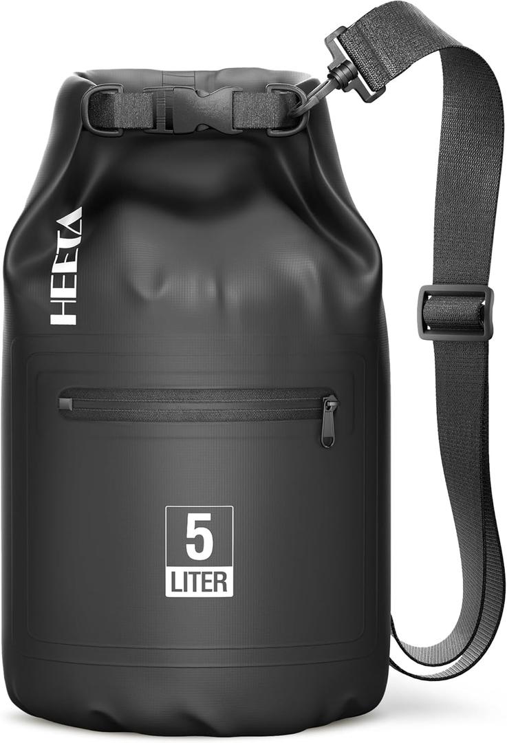 HEETA Waterproof Dry Bag with Front Zippered Pocket for Women Men, 5LRoll Top Lightweight Dry Storage Bag Backpack for Travel, Kayaking, Boating, Rafting, Camping, Beach