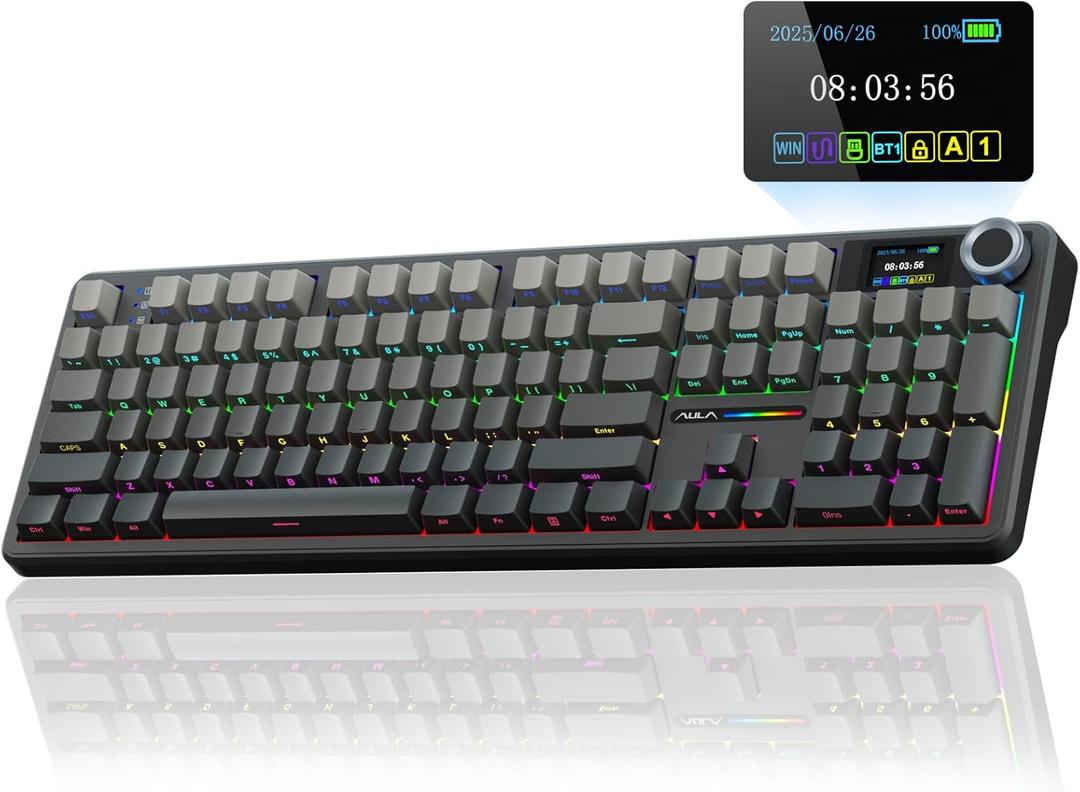 AULA F108 PRO - Wireless Mechanical Keyboard with Screen & Knob,Full Size Keyboard with 8000mAh Battery,Pre-lubed Switches,Side Printed PBT Keycaps,RGB Backlit Hot Swappable Custom Gaming Keyboards (Gradient Black)