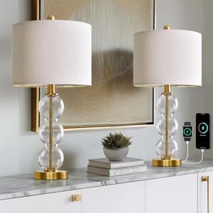 Oneach 25" Glass Table Lamps Set of 2, Gold Modern Table Lamps with USB Ports for Living Room, Linen Shade Bedside Lamps for Bedroom, Nightstand, Side Table (Bulbs not Included)