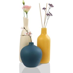 JINGIHE Ceramic Vase Set of 3, Small White Burnt Orange Blue Flower Vases, Modern Farmhouse Home Decor for Bud Pampas Grass Living Room End Coffee Table Centerpieces Mantel Christmas