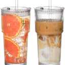 20oz Ribbed Glass Cups with Lids and Straws,2PCS Glass Tumbler with Straw and Lid,Iced Coffee Cups Drinking Glasses for Juice Whiskey Cocktail Beer