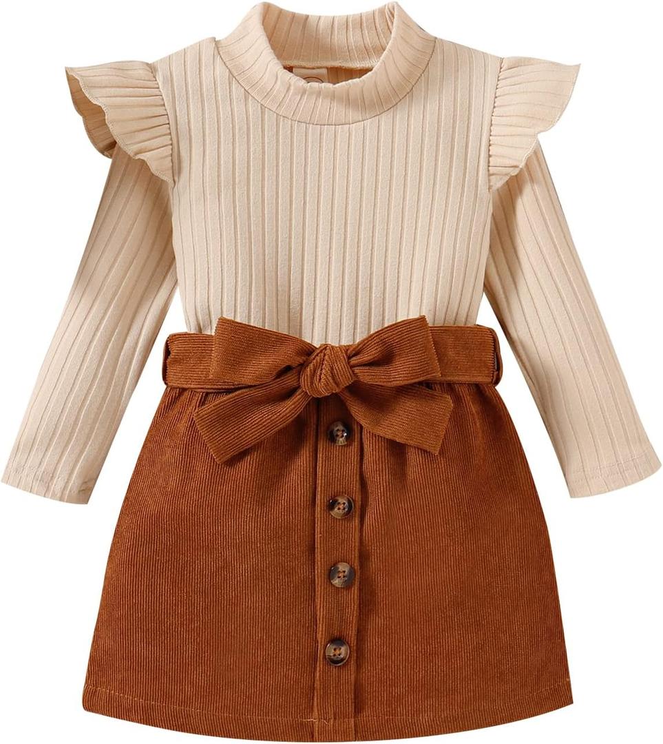 Fernvia Toddler Baby Girl Fall Winter Skirt Set Turtleneck Ribbed Long Sleeve T-Shirt Top & Plaid Skirts Dress 2Pcs Outfits (G Beige, 3-4 Years)