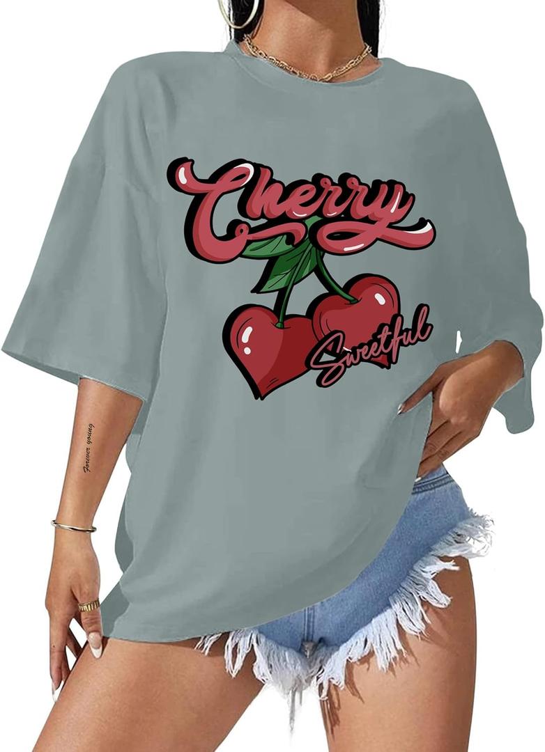 Hilinker Women's Oversized T Shirt Graphic Tees Short Sleeve Shirts Summer Casual Loose Tops (Green Cherry)