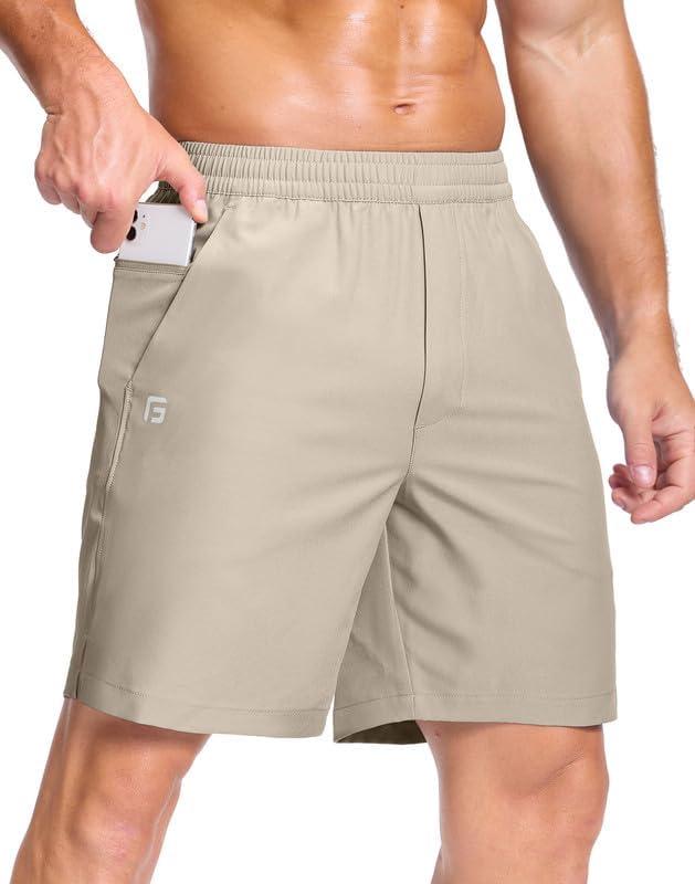 GGJ Men's Lightweight Athletic Shorts with Zipper Pockets 7"/5"/9" Gym Workout Running Quick Dry Tennis Shorts for Men (Beige) L