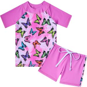 Cutemile 4-10 Years Girls 2 Piece Swimsuit UPF 50+ Rash Guard Siwmwear with Short (Butterfly Pink)