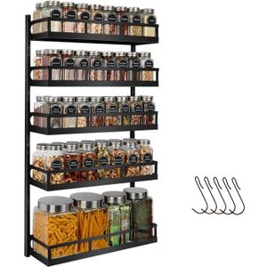 X-cosrack Wall Mount Spice Rack Organizer 5 Tier Height-Adjustable Hanging Spice Shelf Storage for Kitchen Pantry Cabinet, Dual-Use Seasoning Holder Rack with Hooks, Black-Patented, 5x 4.6"D