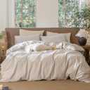 MooMee Striped Duvet Cover Set 100% Washed Cotton Linen Like Textured Breathable Durable Soft Comfy (Tannish Linen Grey White Classic Stripes, Queen 90"x90")