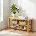 Sintuff 34.6 Inch 3-Tier Storage Bench Bamboo Entryway Storage Bench with Shelf Shoe Rack Organizer Seat Natural Wood Tone for Home Bedroom Living Room Dining Room Balcony, 34.65 x 17.52 x 10.43 inches