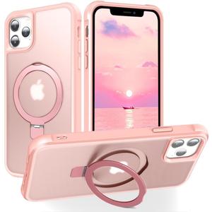 Magnetic Compatible with iPhone 11 Pro Max Case with Stand [Military Grade Drop Tested][Compatible with Magnet] Ring Translucent Slim Hard Back Soft Edge, Pink