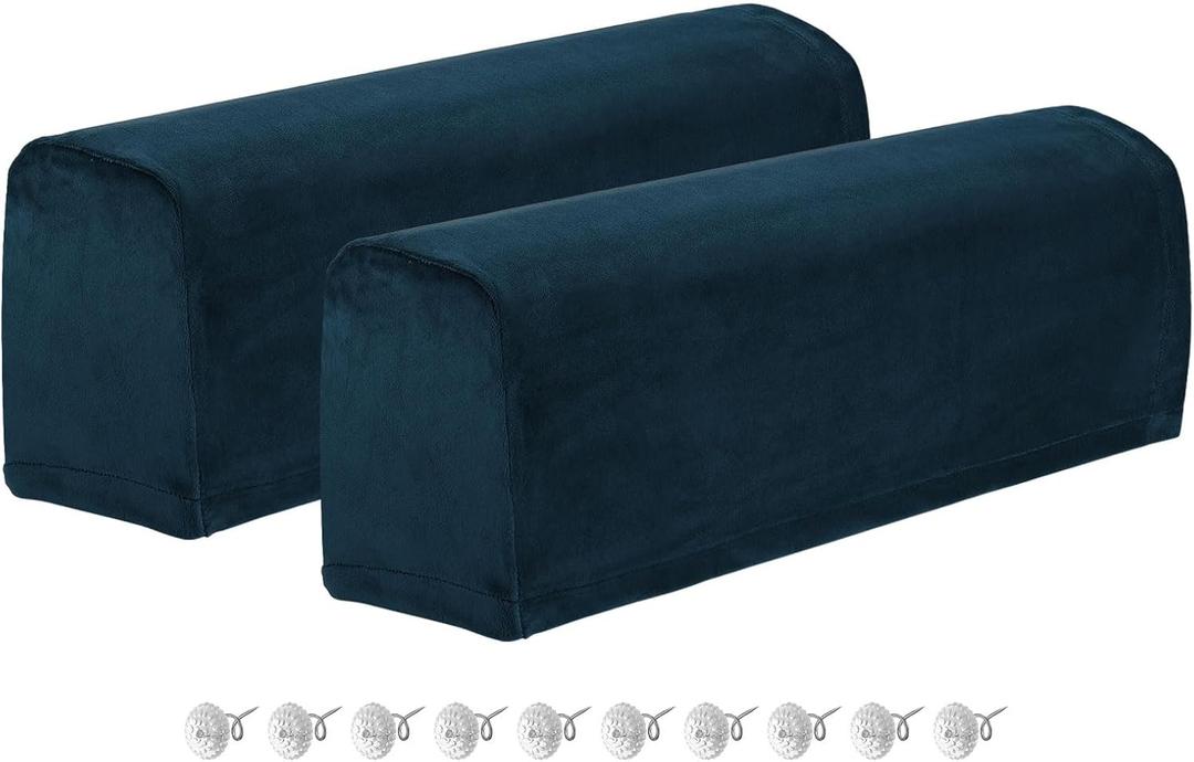 uxcell 2Pcs Stretch Armrest Covers, Polyester Soft Couch Armchair Cover Non-Slip Chair Arm Rest Slipcovers for Sofa Recliner Twist Pins, Navy Blue