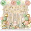 Pink and Sage Green Birthday Decorations for Women Girls, Blush Beige Sand Gold Metallic Printed Balloons Butterfly Stickers Fringe Curtain Happy Birthday Banner Circle Dot Paper Pompom Party Supplies