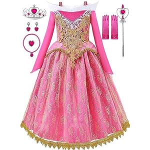 Aoiviss Girls Princess Costume Dresses Pink Princess Dress Up Clothes with Accessories for Halloween Cosplay Carnival Party, Size 140