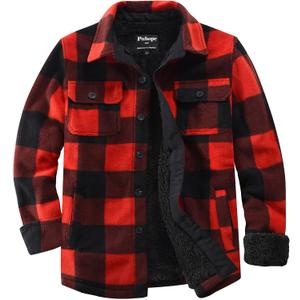 Men's Polar Fleece Warm Sherpa Lined Shirt Jacket for Men Thick Button Down Jacket with Multi Pockets (Large, Red/Black)