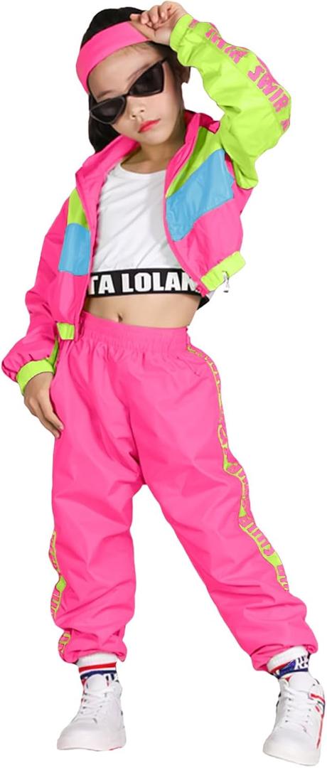 Girls Dance Clothing Set, Hip Hop Modern Jazz Team Performance Costume, Girls Dance Wear Sets (7-8, Hot Pink)