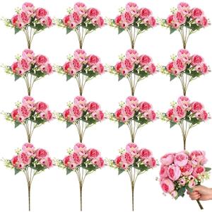 Crowye 16 Bundles Pink Fake Flowers Artificial Peonies Realistic Faux Flowers Wedding Bouquet Fake Silk Peony for Table Centerpieces Wedding Decoration Bridal Floral Arrangement(Dark Pink)