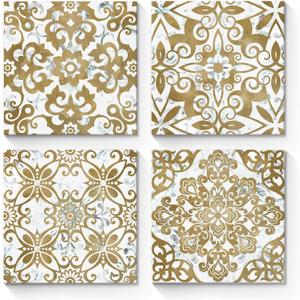 Vintage Flower Pattern Canvas Prints: Gold and Gray Mandala Pictures Wall Art 4 Piece Modern Bohemian Artwork Abstract Boho Floral Painting for Bathroom Bedroom Living Room Ready to Hang