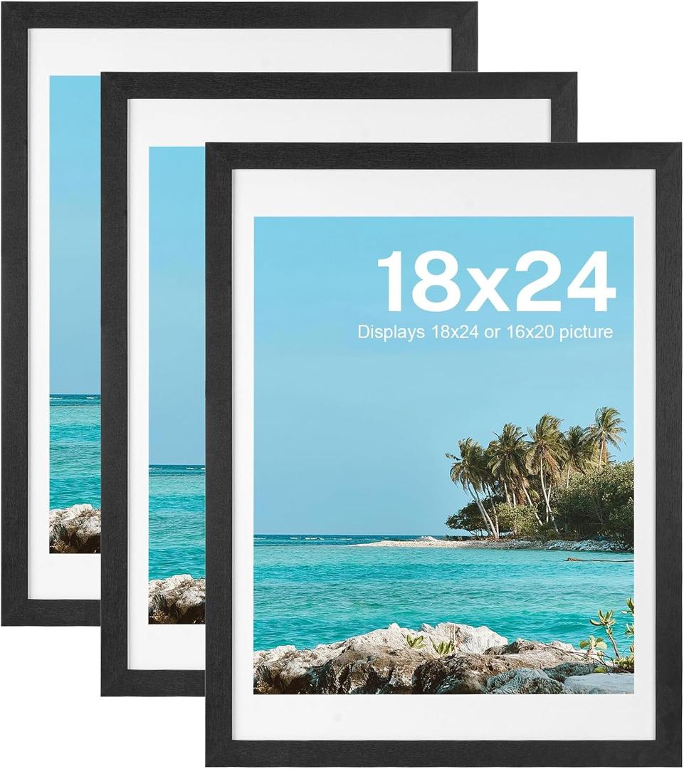 HOUSE DAY Poster Frames 18 x 24 MDF Wood and Polished Plexiglass 18x24 Frame without Mat or 16x20 with Mat, Horizontal or Vertical Wall Mounting 18 x 24 Poster Frame 18x24 Poster Frame Black Frames for Large Size Picture 3 Pack