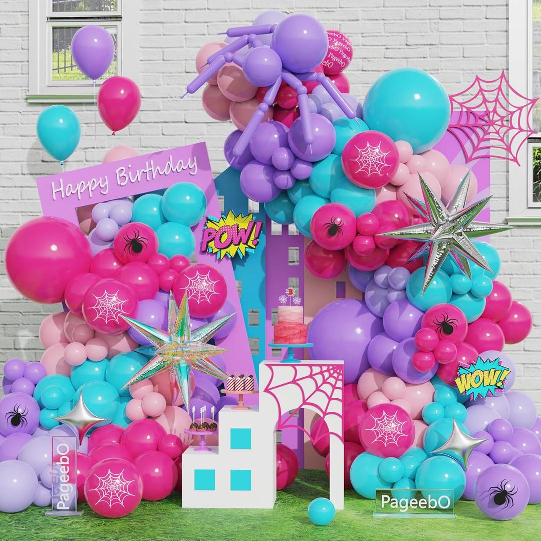PageebO Spider Theme Balloon Arch, 153pcs Pink Purple Blue Spider Web Print Balloons with Explosion Silver Star Foil Balloons for DIY Spider Birthday Girl Spidy Party Supplies Baby Shower Decorations