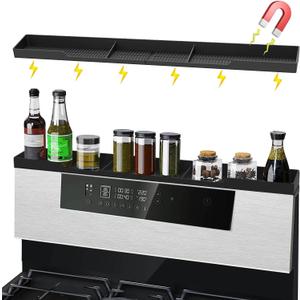Silicone Stove Top Shelf 30" Magnetic Over Stove Top Shelf for Kitchen Oven for Back with Zero Installation Over the Stove Spice Rack With Partition And Perimeter Fence (Black)