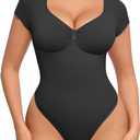 FeelinGirl Short Sleeve Shapewear Bodysuit Compression V Neck Tummy Control Thong Body Shaper Women's Black Going Out Tops Black XS