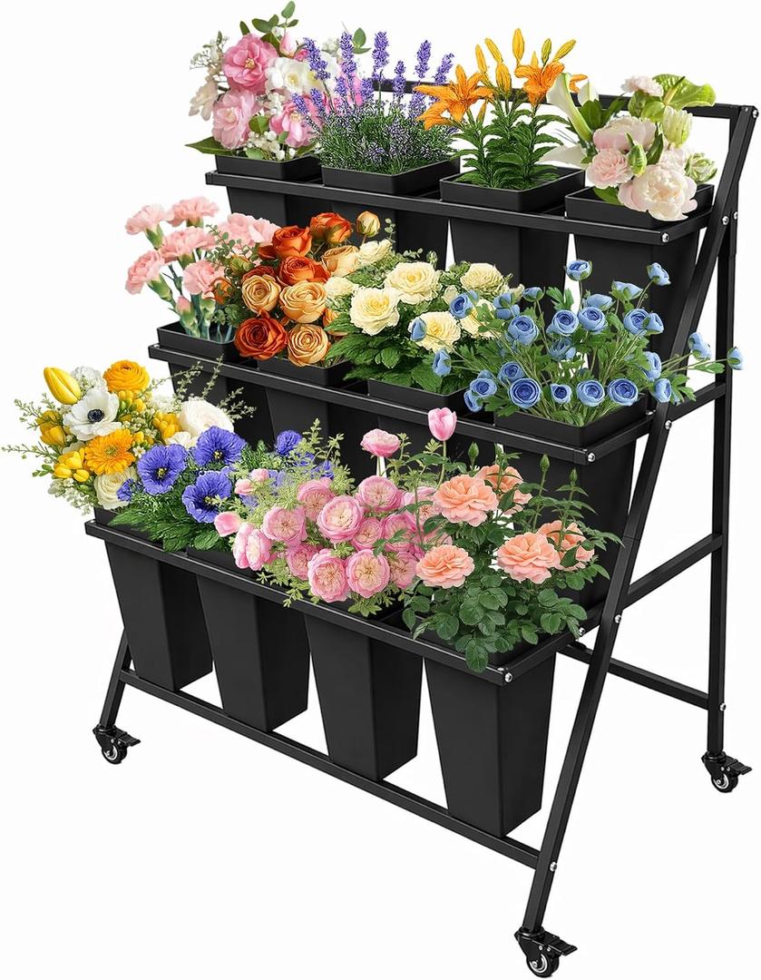 PROLEE Flower Stand with 12 Buckets, Flower Display Stand with Wheels, Flower Cart, Moving Florist Bouquet Shelf, Triangular, Black