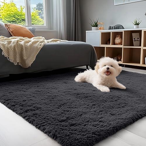 OLANLY 3x5 Machine Washable Small Bedside Rug, Soft Fluffy Shaggy Rugs for Living Room, Bedroom, Indoor Floor Carpet for Kids Girls and Boys, Preppy Dorms, Nursery, Home Decor Aesthetic, Black