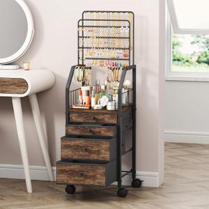SWTYMIKI Large Jewelry Organizer Stand Multifunctional Rack Tower for Necklace, Earring, Ring & Bracelet Display Moveable Storage Jewelry Holder Stand with 4 Nonwoven Drawers for Bedroom , Espresso-Free Standing