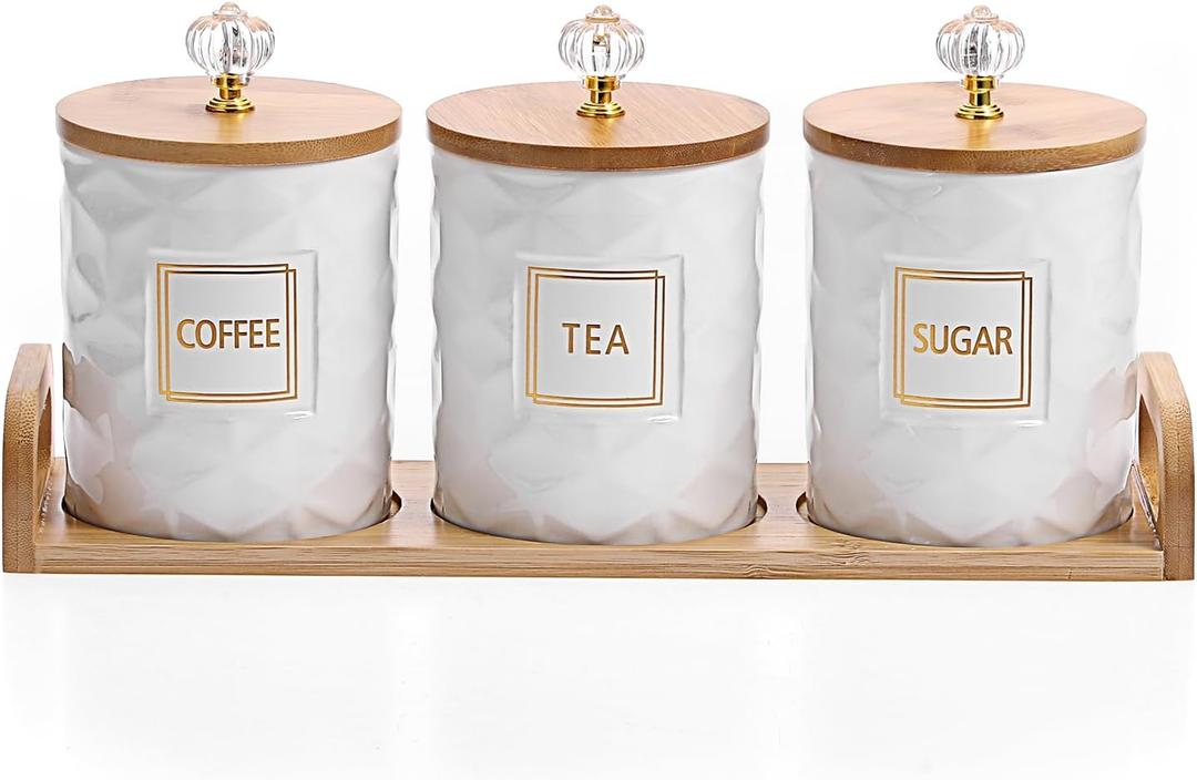 JUXYES Set of 3 Ceramic Canisters Set for Sugar Coffee Tea With Handle Tray, Luxurious Storage Containers Sets with Lids Decorative Storage Pots White Ceramic Storage Jar for Kitchen Dining Counter
