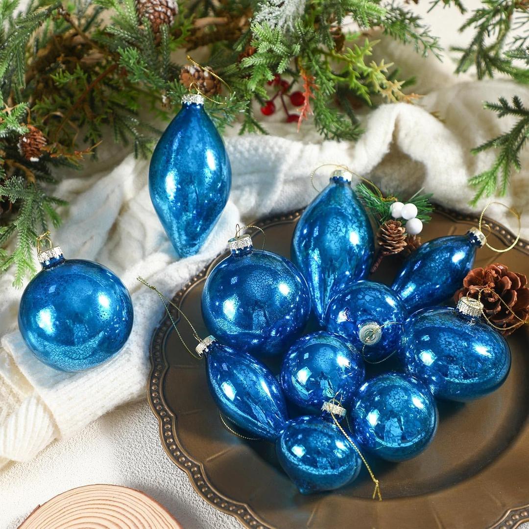 Soulchen 12 Pcs Blue Mercury Glass Christmas Ball Ornaments Set 2.36-3.15 Inch Vintage Hanging Christmas Tree Decorations Mercury Decor for Xmas Tree Retro Holiday Decoration