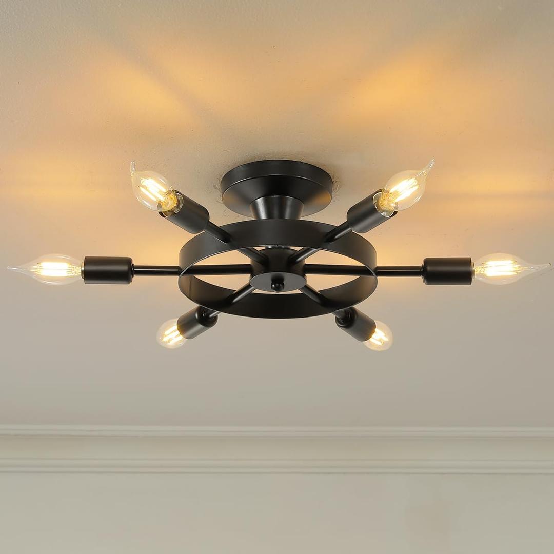 6-Light Matte Black Semi Flush Mount Ceiling Light,Farmhouse Industrial Close to Ceiling Lamp with E12 Base,Modern Metal Ceiling Light Fixture for Hallway,Entryway,Bedroom,Kitchen