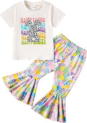 Tinypainter Girl Easter Outfit Short Sleeve Bunny T-Shir+Flared Bell Bottom Pants Easter Clothes, 6-7Y