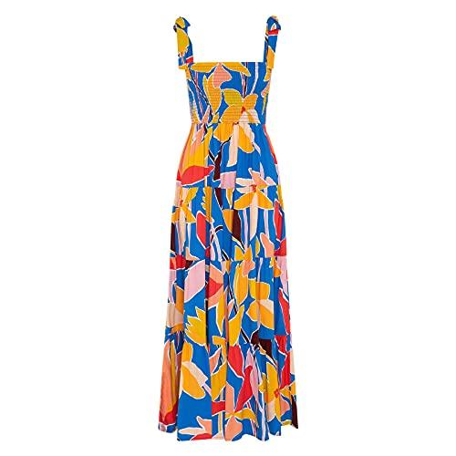 kinstell Women's Summer Boho Spaghetti Strap Square Neck Ruffle Casual Flowy Long Dress Beach Swing Party Maxi Dress Blue, XL