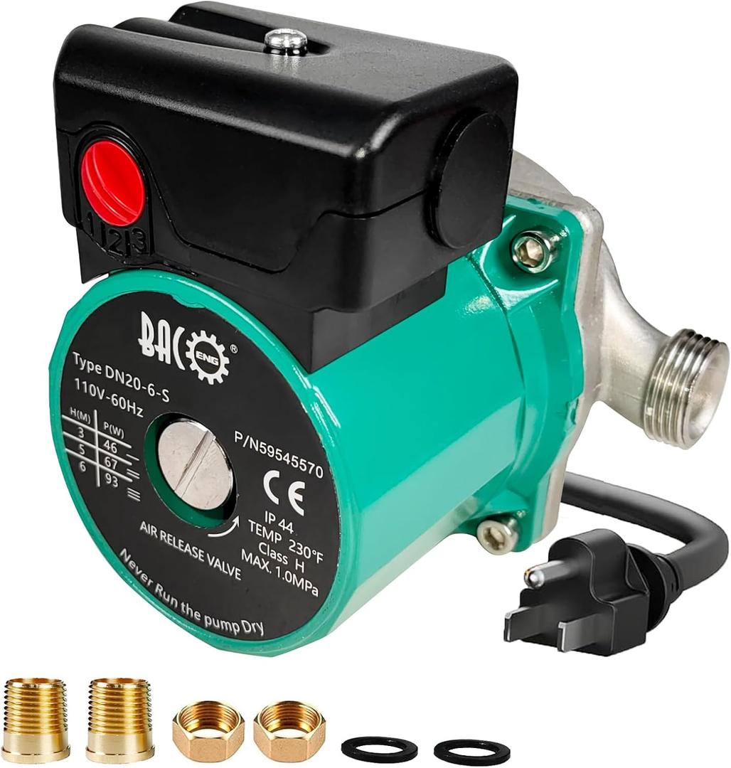 BACOENG Hot Water Recirculating Pump, 3/4" NPT 110V Automatic Circulator Pump with Stainless Steel Head for Solar Heater (US Plug)