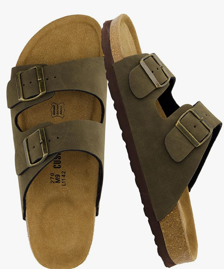 CUSHIONAIRE Lane Cork Footbed Mens Sandals, Adjustable Buckle Comfort Slides for Men, Genuine Leather Insole Summer Sandals Men Footwear.8M