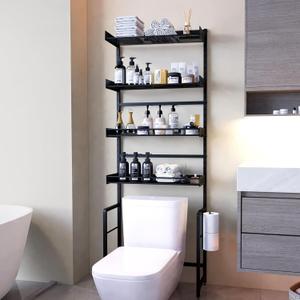 Tokokimo Over The Toilet Storage Cabinet 4 Tier Toilet Shelf Rack with Adjustable Shelf Waterproof Feet Pad and Basket, Bathroom Organizers and Storage Over Toilet, Above Toilet Storage, Black